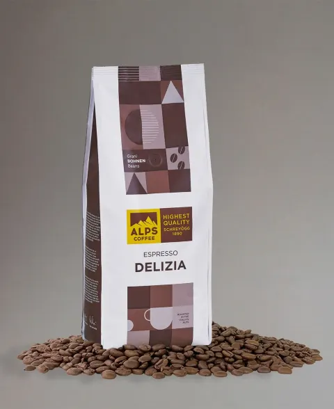 Packung Alps Coffee Espresso Delizia mit Kaffeebohnen