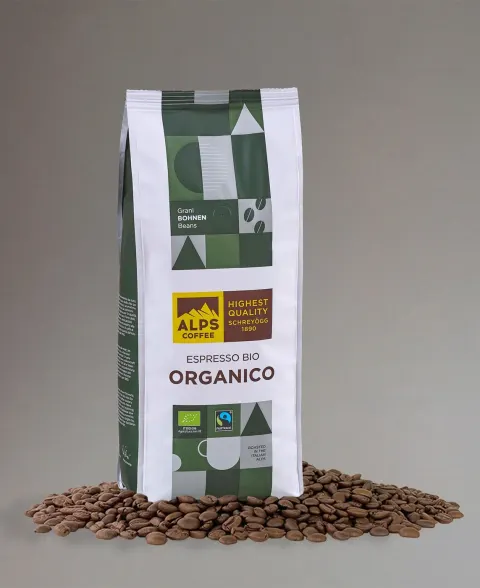 Packung Alps Coffee Espresso Bio Organico mit Kaffeebohnen