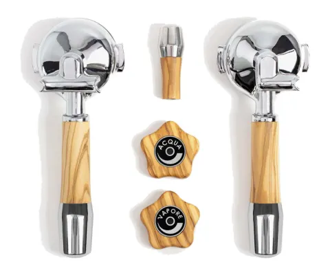 Griffset elegant von Wiedemann aus Olivenholz für ECM, mit Siebträgergriffen und Drehrädern